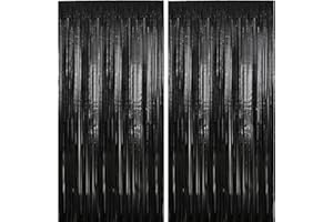 YIGHAW 2 Pack 3.2 ft x 9.8 ft Black Tinsel Curtain Party Backdrop Decorations, Metallic Foil Fringe Backdrop Door for Halloween, Christmas, Birthday Graduation Wedding Party Streamers Photo Backdrop.