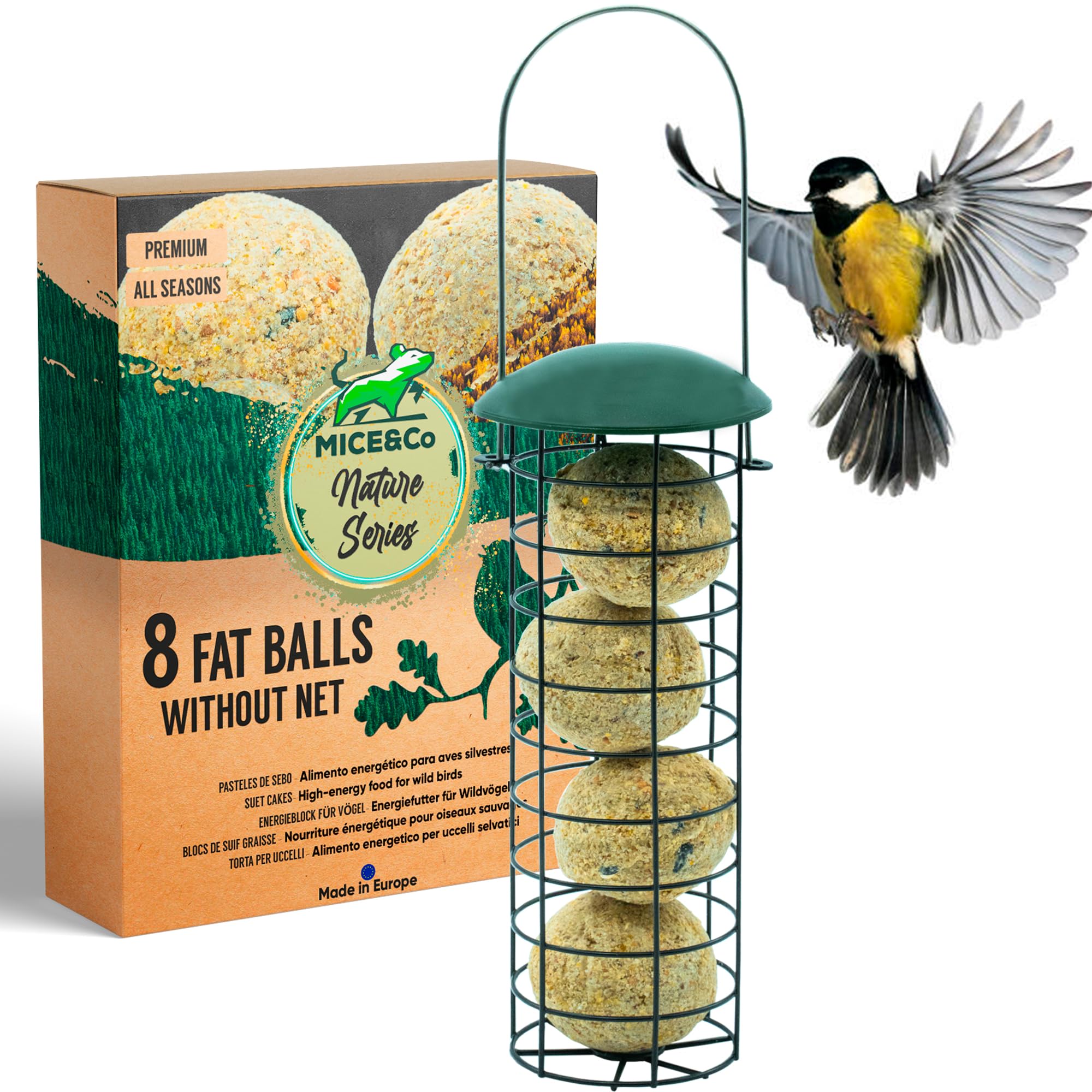 Mice&Co Fat Ball Wild Bird Feeder - Hanging Feeder Station Pre-Filled with Premium Fat Balls - Outdoor Garden Feeder | Set 1 Feeder & 12 Suet Balls