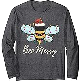 Bee Merry Christmas Bee Wears Santa Hat Xmas lights Long Sleeve T-Shirt