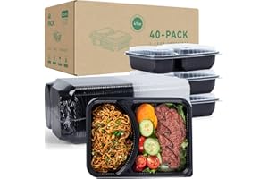 YANGRUI To Go Containers, 40 Pack (40 Trays + 40 Lids) 41oz 2 Compartment BPA Free Reusable Take Out Box Shrink Wrap Machine Washable Meal Prep Container