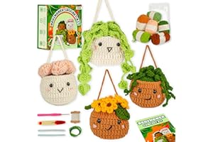 Imcrasy Crochet Kit | Crochet Kit for Beginners | Beginner Crochet & Knitting Kit with Step by Step Video Lessons | 4 PC Cute Potted Plants Crochet Kit with Crochet Accessories(40%+ Yarn) | WhiteBrown