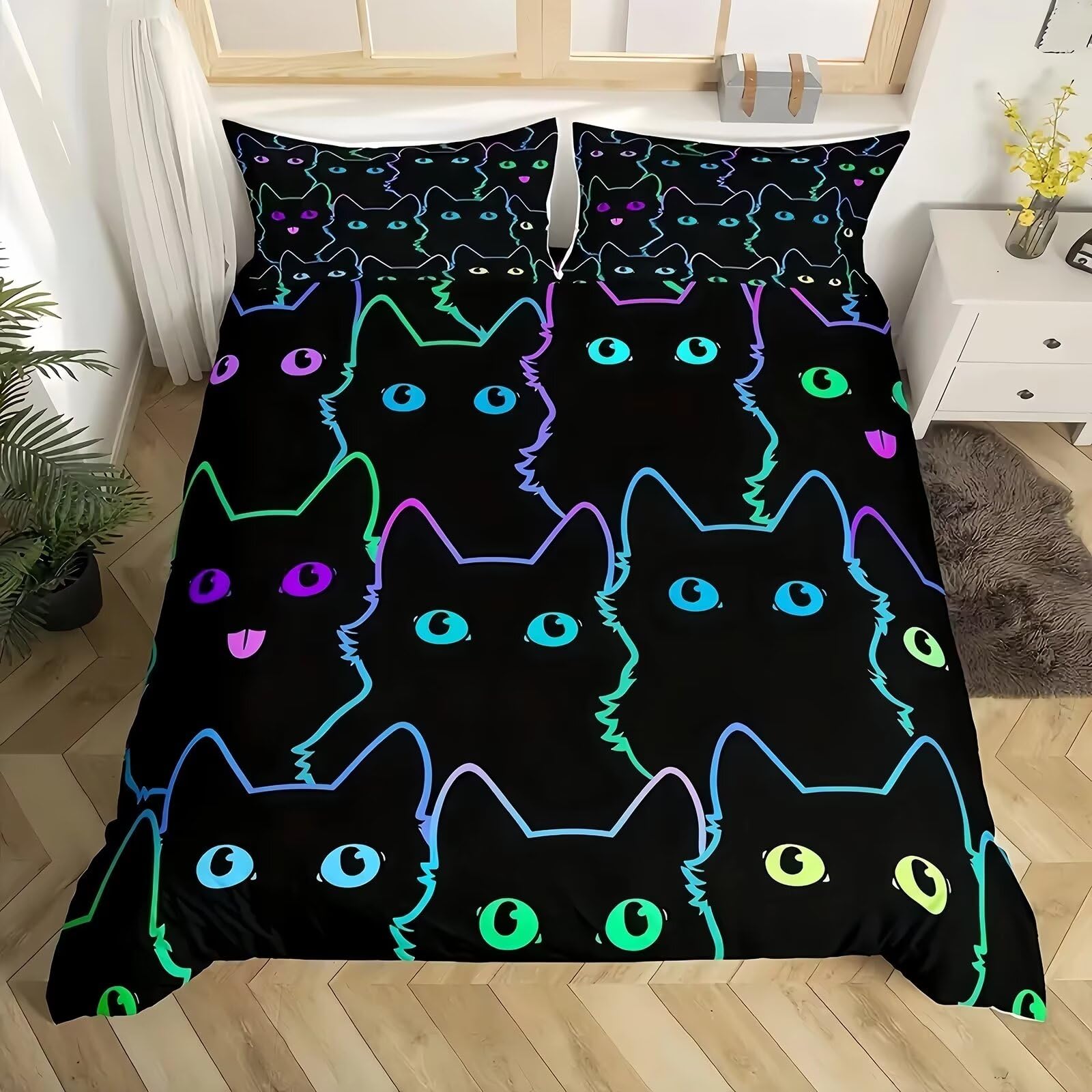 Tabeskly Kids Girls Bedding Set Single, Cat Cute Soft Zipper Childrens Full Bed 3 Piece Cover Duvet Quilt Covers and Pillowcases - Small Mildly Cosy Budget Bedclothes 135×200cm