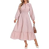Ystguic Women's Boho Midi Dress Striped Tie V Neck Smocked Empire Waist Long Sleeve with Pockets
