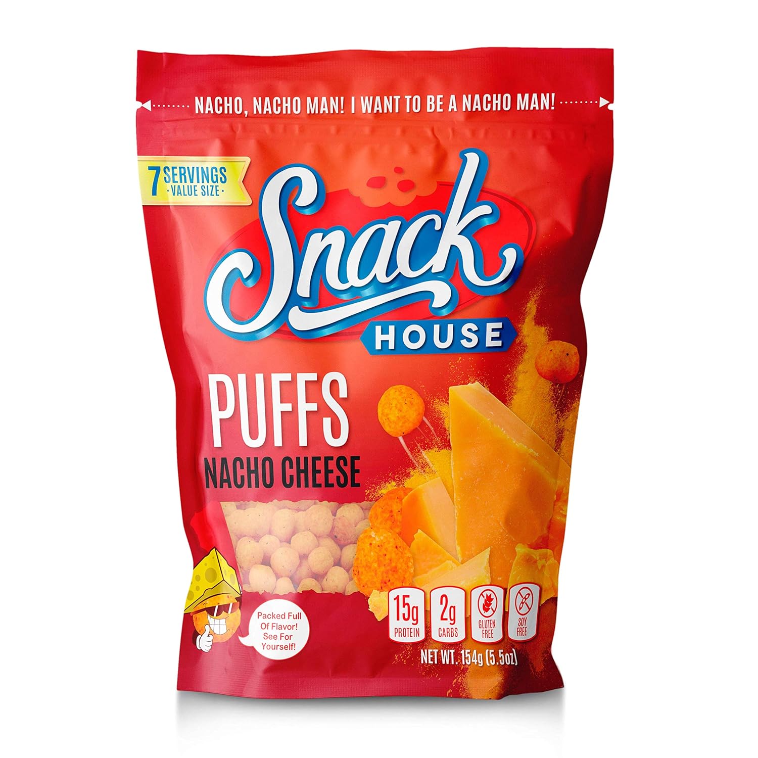 Snack House High Protein Low Carb Keto Snacks, Gluten Free Healthy Protein Puffs - No Sugar Added, Savory Diet Food for Adults and Kids, Nacho Cheese, Value Bag (7 Servings)