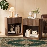 Fluted Nightstands Set of 2, Modern Bedside Table with Storage Drawer and Open Wood Shelf, Wood End Table Mid Century Night Stands for Bedroom Living Room Sofa Couch Office Walnut Brown