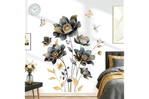 wondever Black Gold Flowers Wall Stickers 3D Floral Butterfly Peel and Stick Wall Art Decals for Living Room Bedroom Sofa TV 