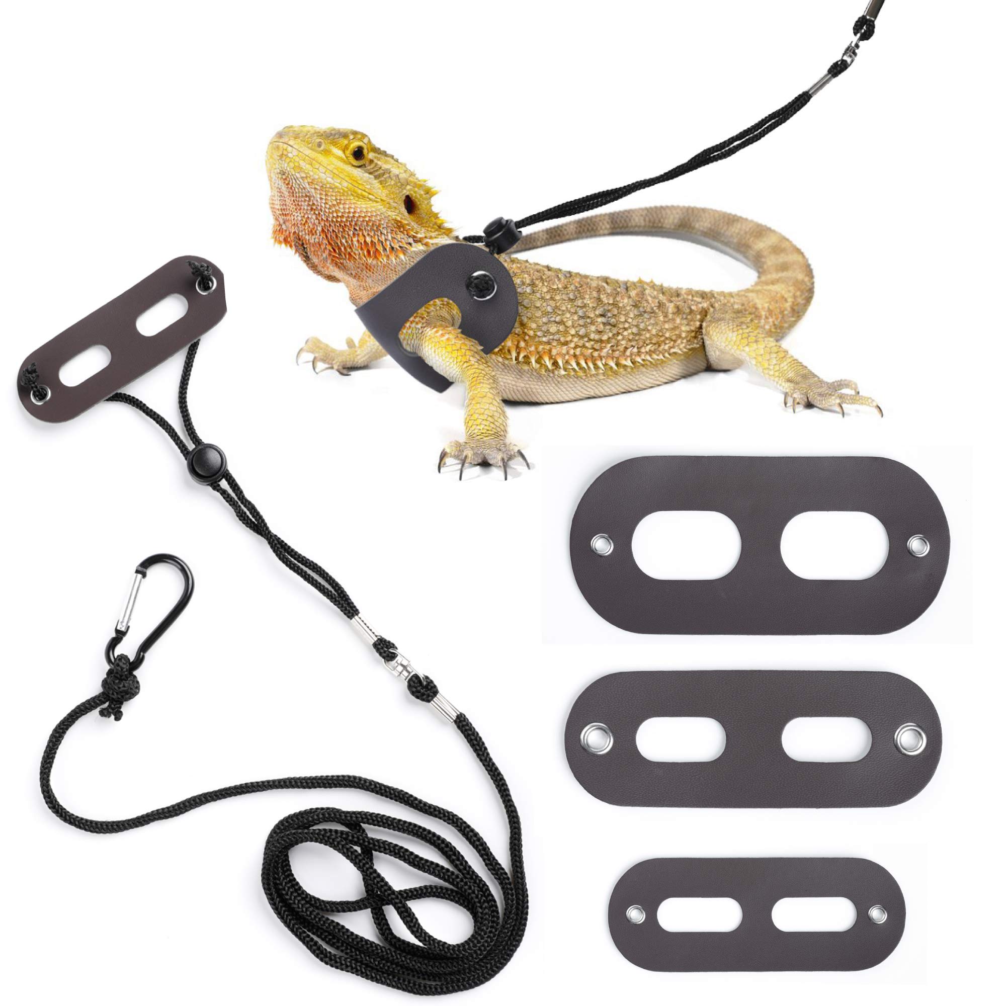 POLKASTORE Bearded Dragon Harness and Leash Adjustable (S,M,L, 3 Pack) - Soft Leather Reptile Lizard Leash for Amphibians and Other Small Pet Animals