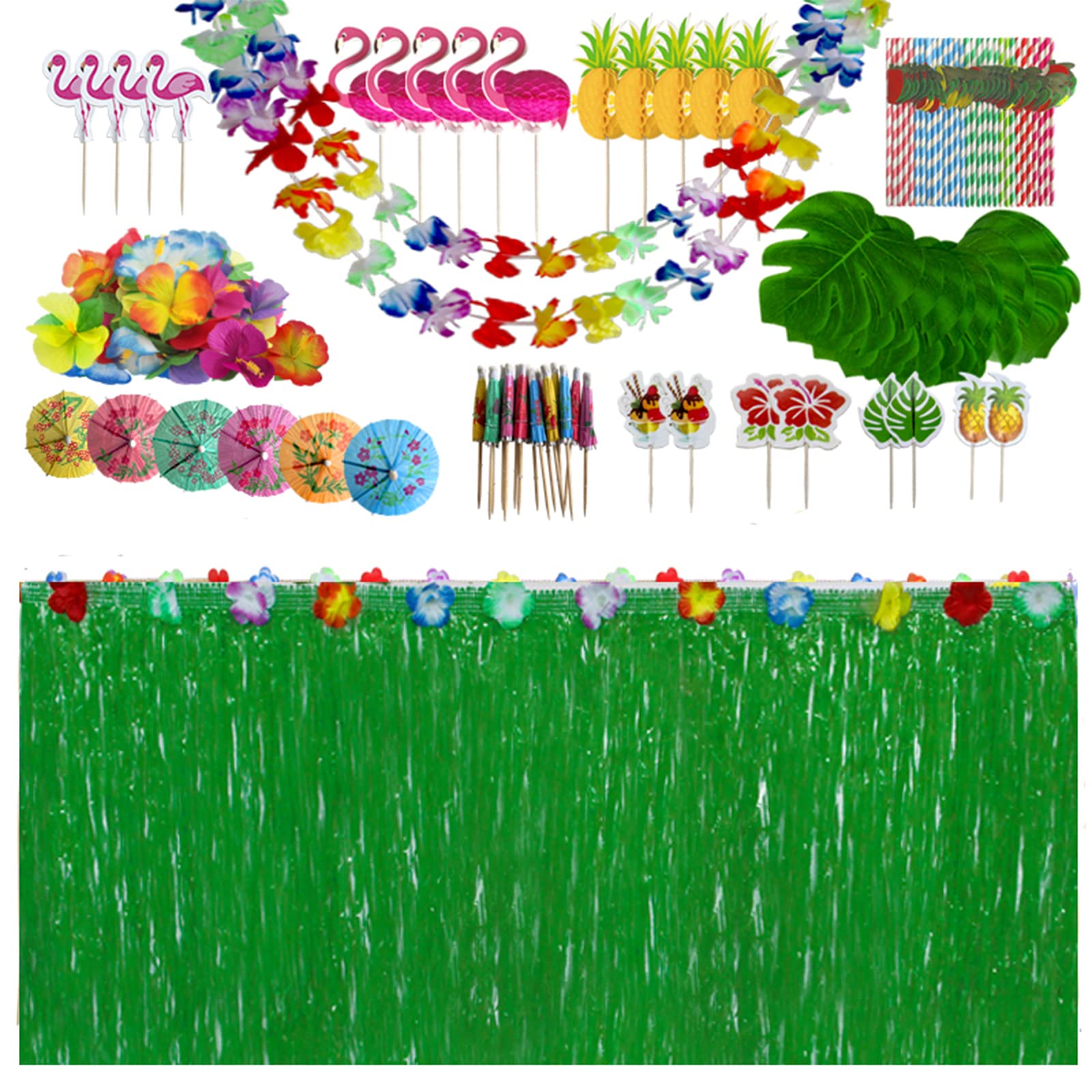 156pcs Hawaiian Tropical Party Decoration Set,Hawaiian Grass Table Skirt Hawaii Garland Palm Leaves Colored Umbrellas 3D Fruit Straws Suitable for Jungle Garden Beach Summer Party (Green)