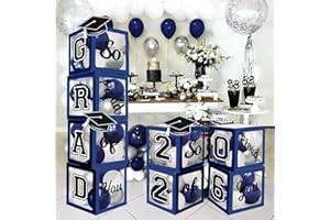2026 Blue Graduation Party Decoration Balloon Boxes with Letters 2026 Grad, So Proud of You Bannner