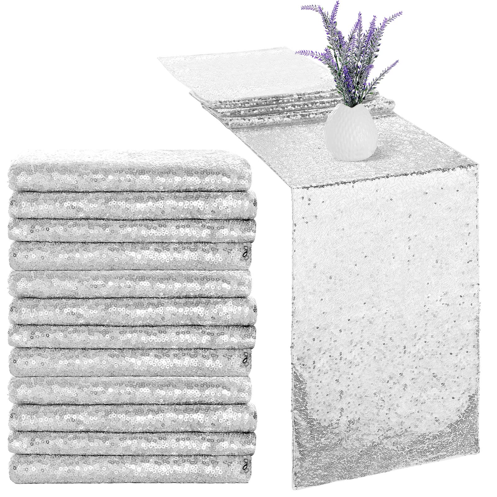 Irenare 12 x 108 Inches Sequin Table Runner Glitter Table Runner Rectangle Tables Covers for Wedding Baby Shower Party Decorations (Silver,12 Pieces)