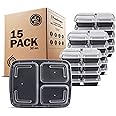 Freshware Meal Prep Containers [15 Pack] 3 Compartment with Lids, Food Containers, Lunch Box, Stackable, Bento Box, Microwave