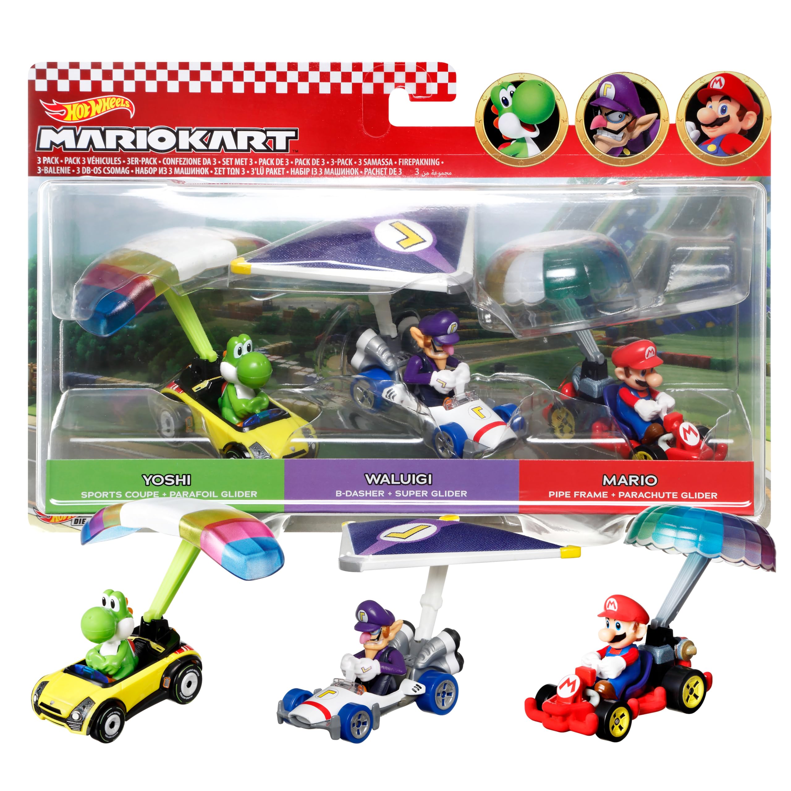 Hot Wheels Super Mario Character Car 3-Packs with 3 Character Cars in 1 Set, Gift for Kids & Collectors Ages 3+, HDB38