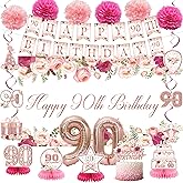 Vlipoeasn Flower 90th Birthday Decorations for Women, Rose Gold 90th Birthday Backdrop Banner, Cake Topper, Honeycomb, Hanging Swirl for Party, Cheers to 90 Years Old Party Supplies