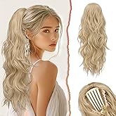 SOFEIYAN Drawstring Ponytail Extension 24 Inch Wavy Curly Clip on Hairpiece Comb Clip in Ponytail Extensions Layered Fluffy Thick Pony Tails Hair Extension Synthetic Hairpieces for Women-Ash Blonde