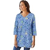 Woman Within Plus Size Perfect Printed Three-Quarter-Sleeve V-Neck Tunic