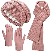 Ultrafun Womens Winter Beanie Hat Scarf Gloves Set, Satin Lined Slouchy Beanie Knit Scarf Touchscreen Gloves, Warm 3 Gift Set