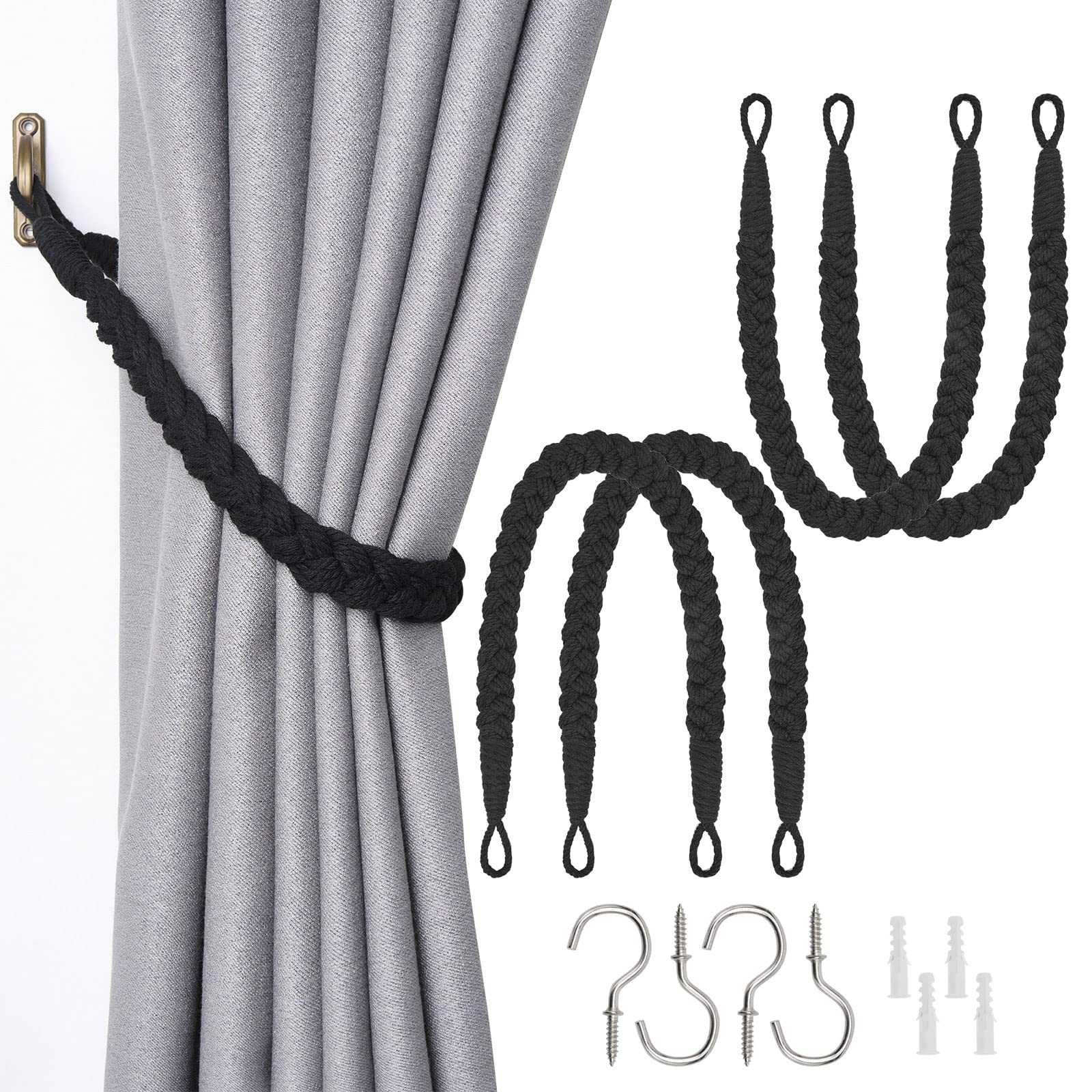 Pretty Jolly 4 Pack Natural Cotton Rope Curtain Tiebacks Elegant Boho Style Decorative Drape Tie Backs Soft Hand-Woven Rope Curtain Holdbacks with Metal Hook for Home & Office Drapery (Black)