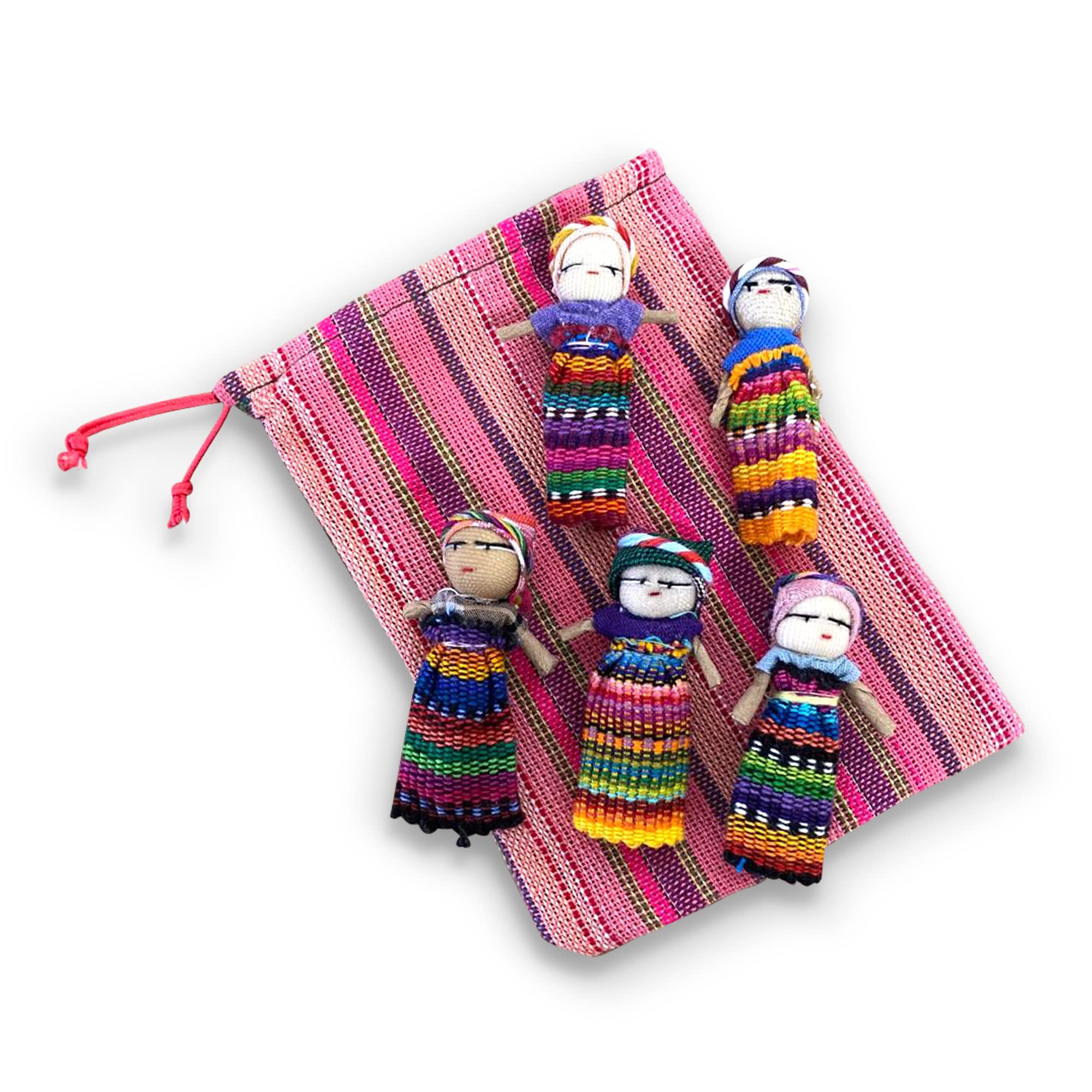 Thorness Set of 5 Handmade Guatemalan Worry Dolls with Colorful Crafted Storage Bag