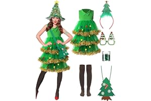 Berlune 7 Pcs Christmas Tree Costume for Women Dress Hat Headband Bag Glasses Frame Socks and Sequins Christmas Outfits