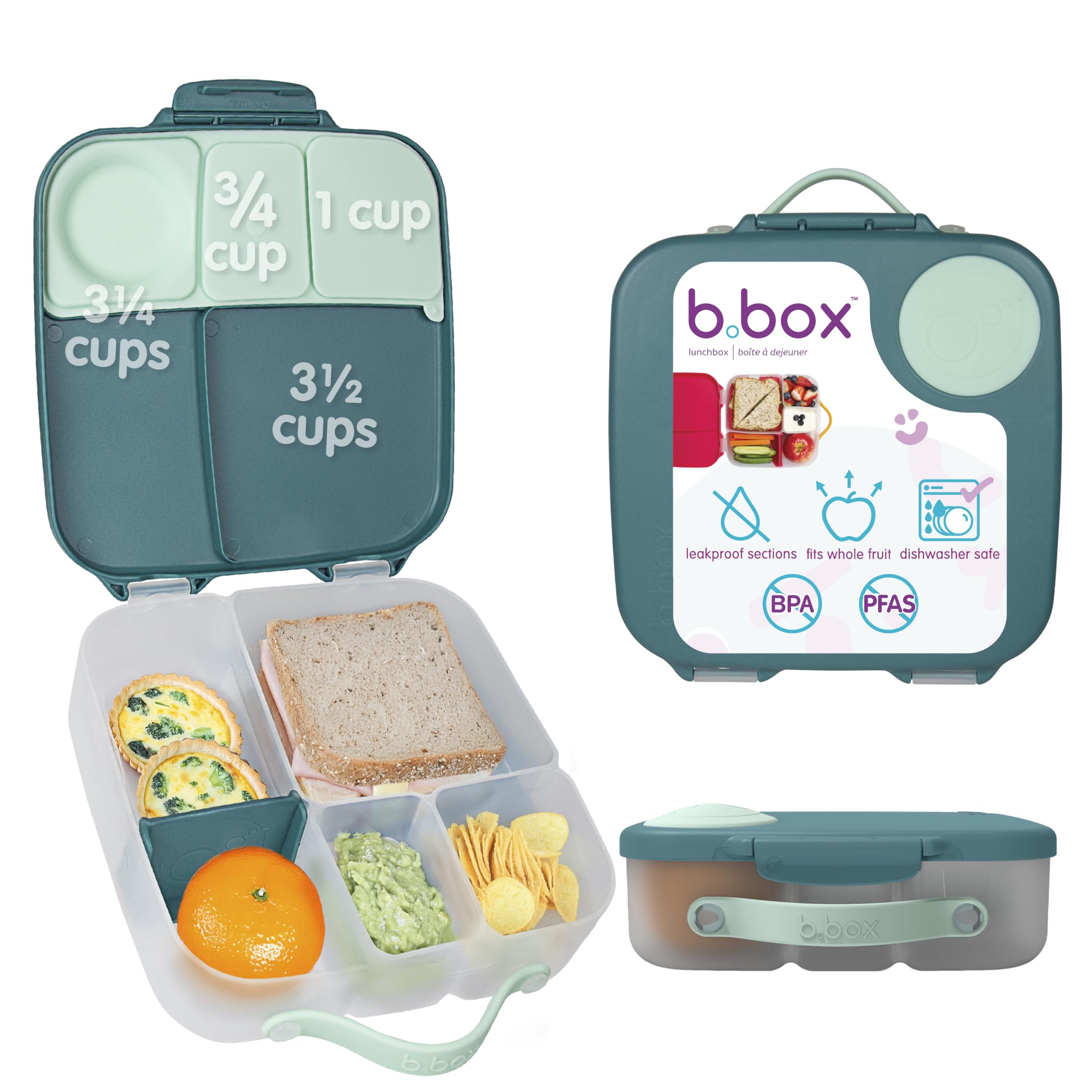 b.box Lunchbox | Large Bento Box with 4 Compartments (2 Leakproof), Removable Divider, Gel Cold Pack | Ideal for School | from 3+ | 2L Capacity