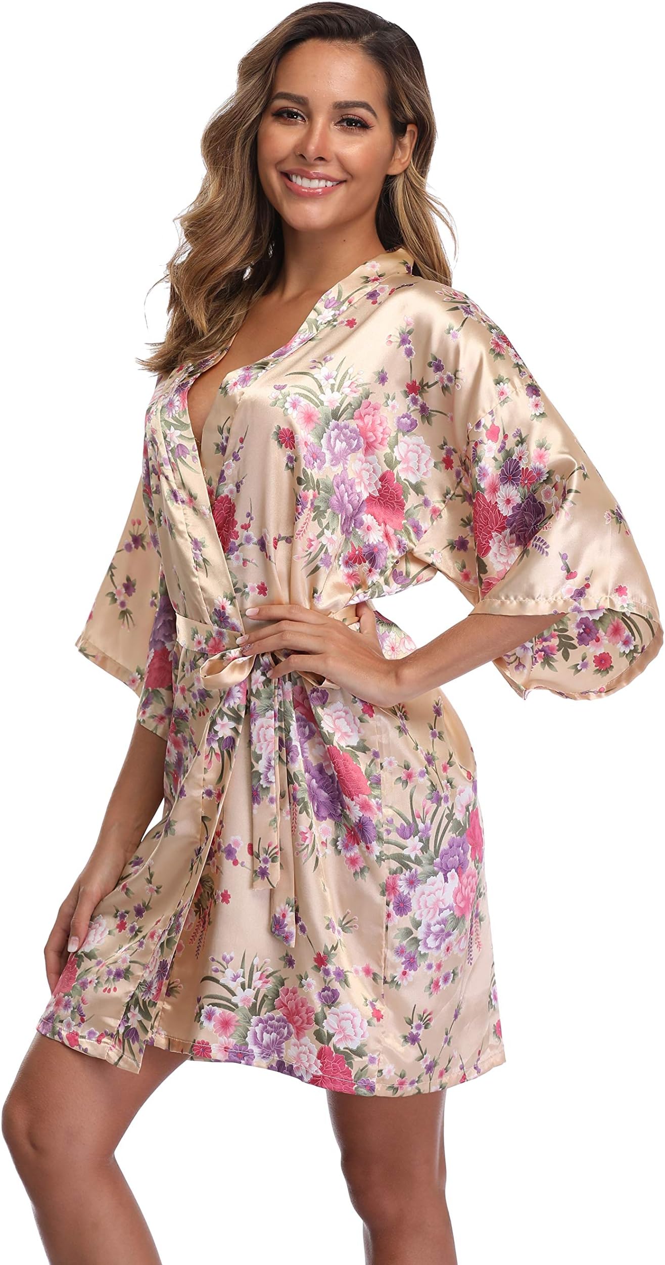 iFigureWomen Floral Kimono Robe Satin Bridal Dressing Gown Bride Bridesmaid Robes Sleepwear