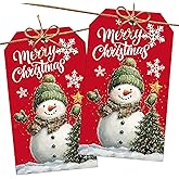 Merry Christmas Gift Labels with String, 2x3.5 Inches Red Christmas Snowman Gift Tags, Xmas Tree Snowflake Tags for Holiday Presents, Holiday Wrapping Party Favor Decoration Supplies-A14