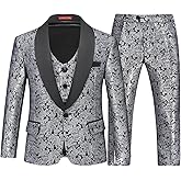 Lamgool Boys Suit 3 Pieces Slim Fit Tuxedo Formal Set with Floral Jacquard Jacket Pant Vest for Wedding Prom Party Size 4-16Y