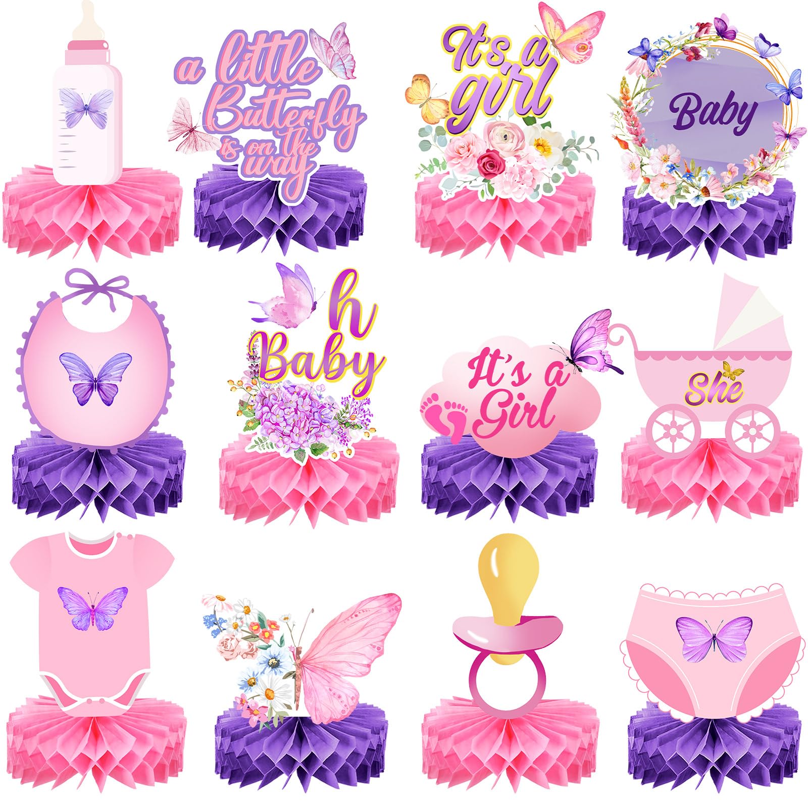Photo 1 of Honoson 12 pcs Butterfly Baby Shower Decorations for Girl Honeycomb Table Centerpieces Gender Reveal Party Supplies Butterfly Floral Theme Table Toppers It's a Girl Purple and Pink Decoration