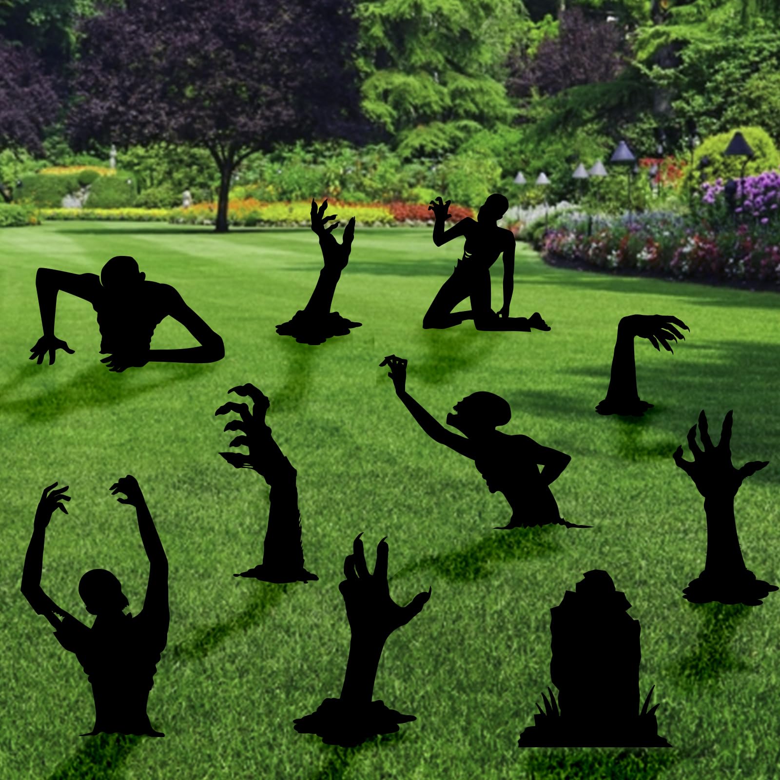 Photo 1 of 10 Pack Large Halloween Scary Yard Sign Black Hand Yard Signs Black Zombie Hands Tombstone Silhouette Lawn Garden Signs with Stake for Halloween Decor