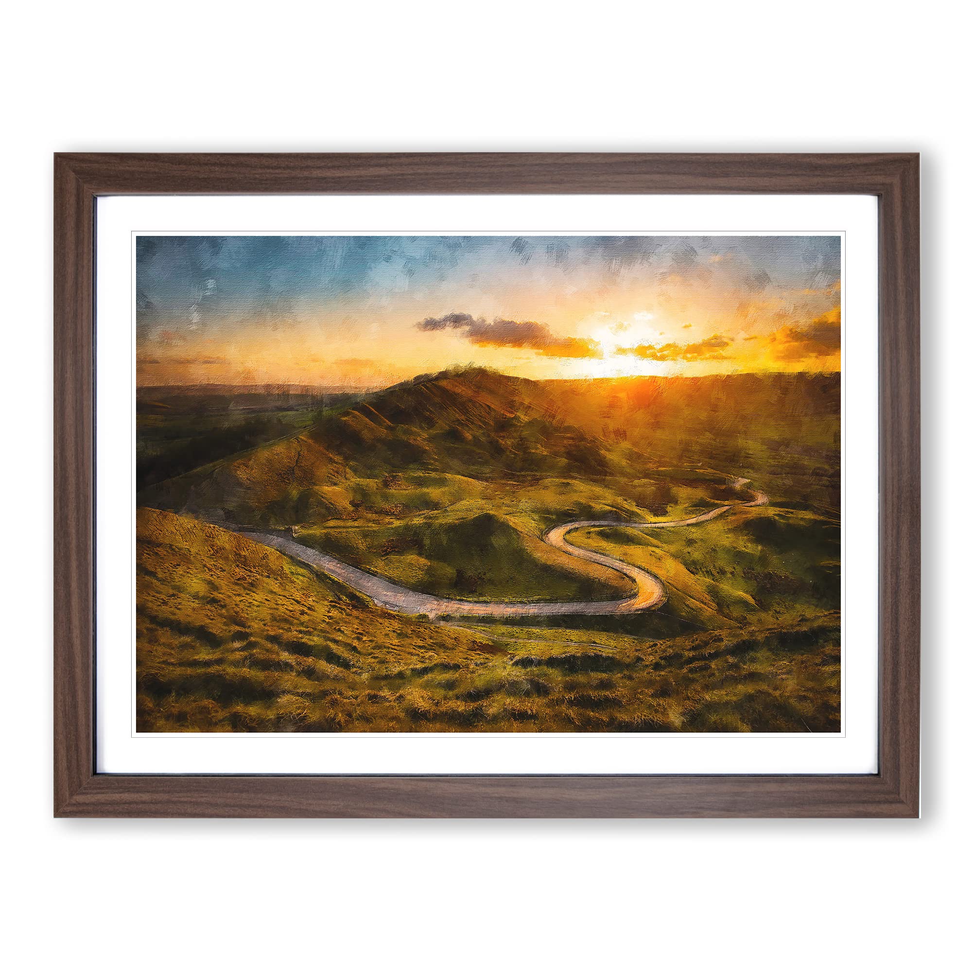 Mam Tor In The Peak District Painting Modern Art Framed Wall Art Print, Ready to Hang Picture for Living Room Bedroom Home Office Décor, Walnut A4 (34 x 25 cm)
