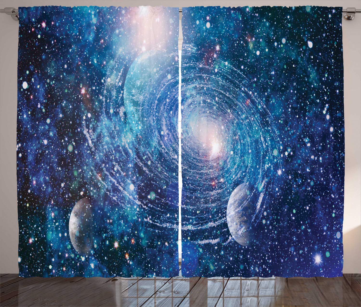 ABAKUHAUS Astral Curtains, Nebula Helix with Lots of Stars and Planets Outer Space Themed Print, Living Room Bedroom Window Drapes 2 Panel Set, 69 L X 110 W, Dark Sky Blue Multicolor