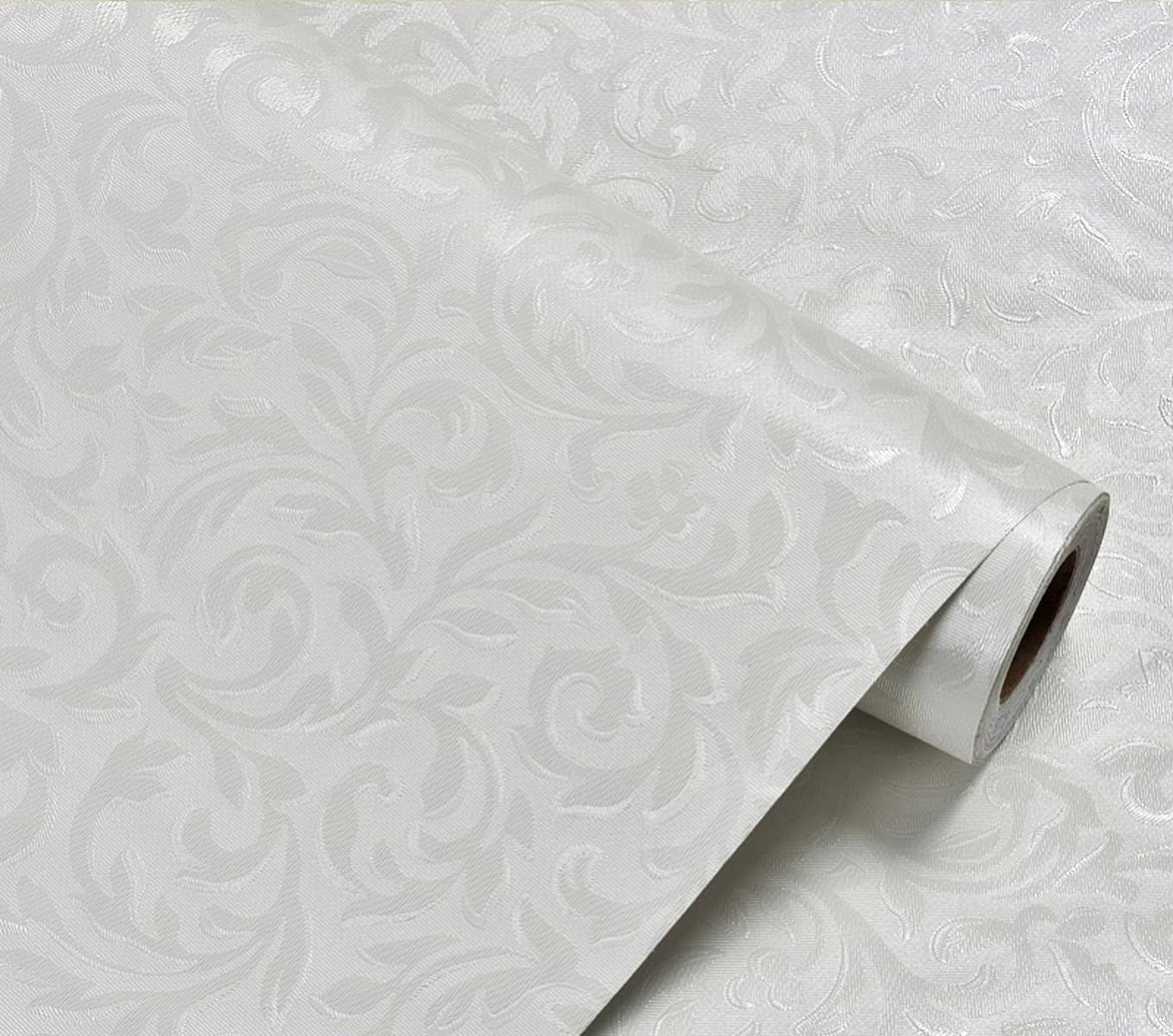 WolTop Embossed European Flowers PVC Wall Sticker Wallpaper (60 cm x 300 cm, White)