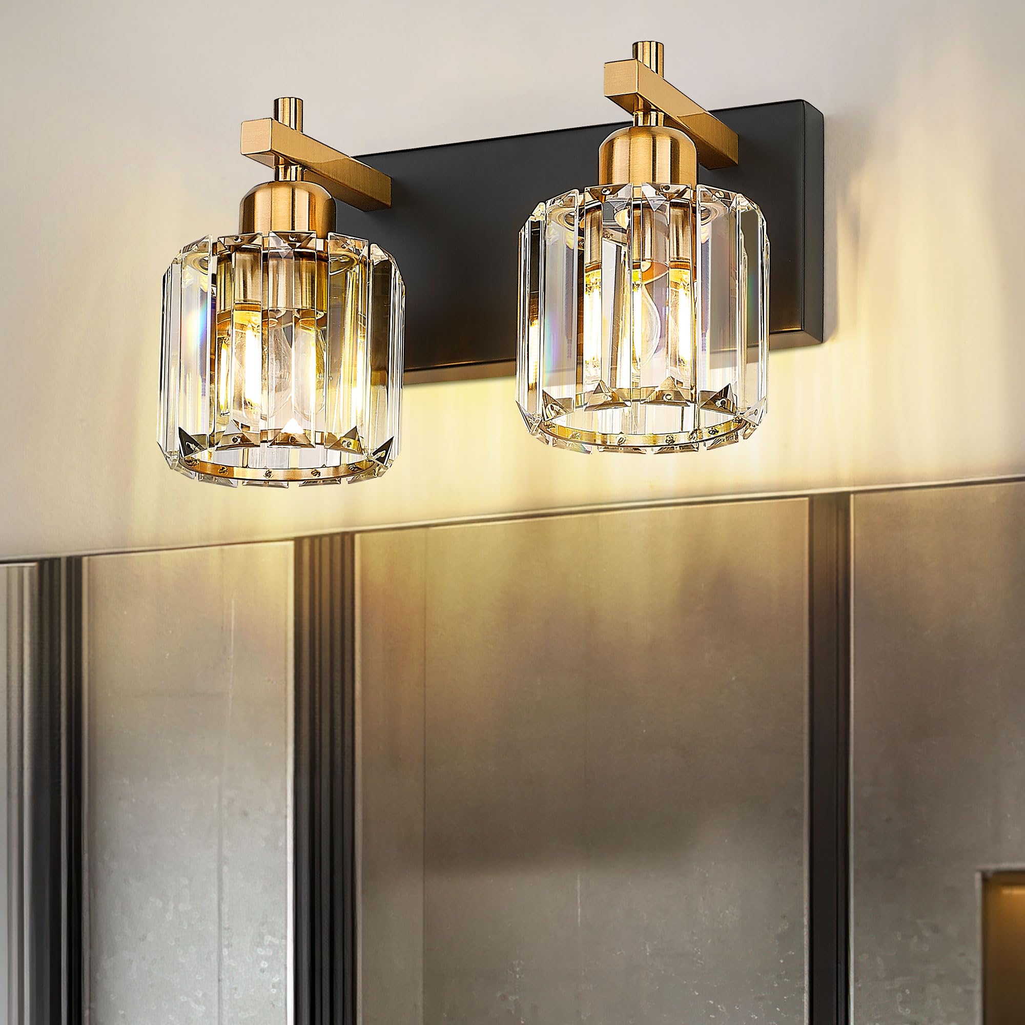 Photo 1 of Cargifak 2-Light Crystal Bathroom Vanity Fixture Features a Black and Brushed Gold Frame, Making it Ideal for Bedrooms and Dining Rooms. Model: CKVL4835-2W-PG