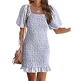 PRETTYGARDEN Women's 2025 Summer Floral Puff Sleeve Mini Dress Square Neck Ruffle Hem Bodycon Dresses Smocked Dress Women