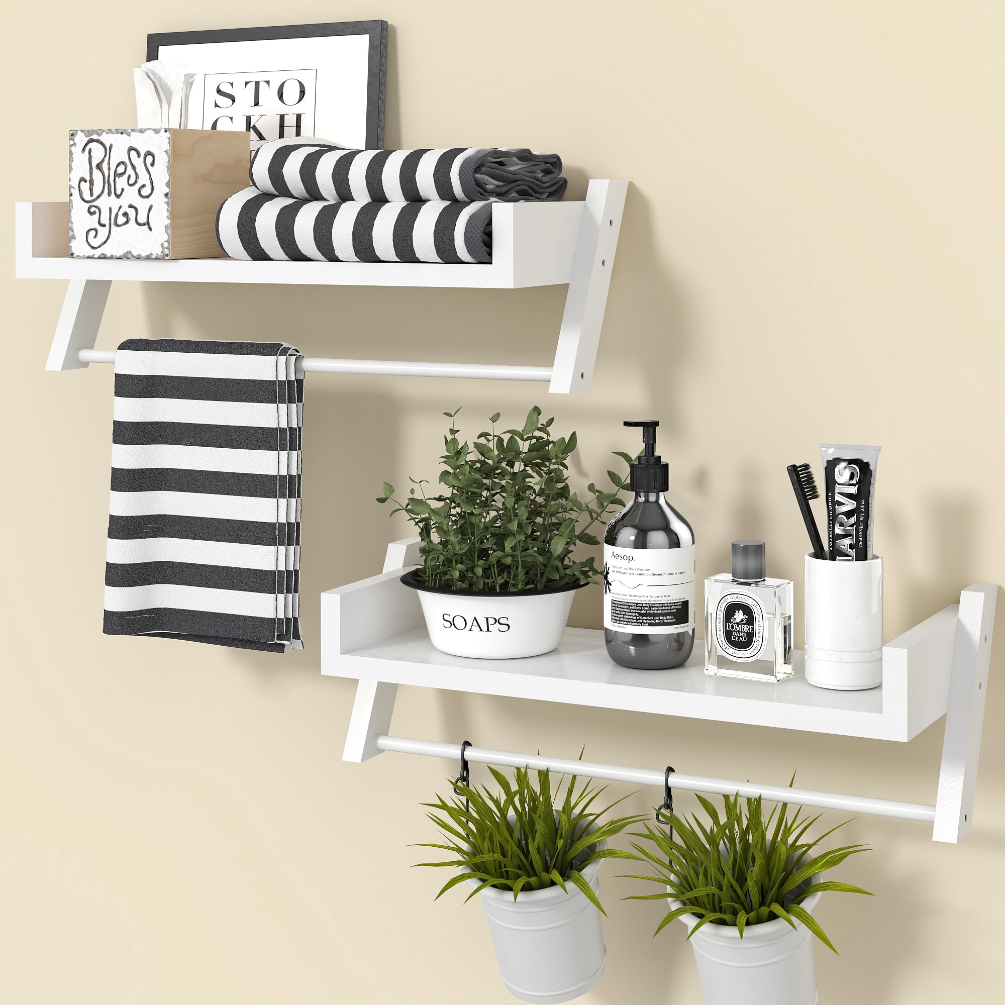 Photo 1 of Sumbame Set of 2 Bathroom Shelves Over Toilet,U-Shaped Hanging Shelves for Wall with Towel Bar,16 Inch Storage Room Shelves,Farmhouse Wooden Shelf for Bathroom,Kitchen,Living Room,Bedroom (White)