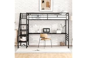 Harper & Bright Designs Metal Twin Loft Bed with Desk, Twin Size Loft Bed with Stairs and Workstation Desk for Kids Teens, Space Saving Metal Loft Bed Frame,No Box Spring Needed, Black