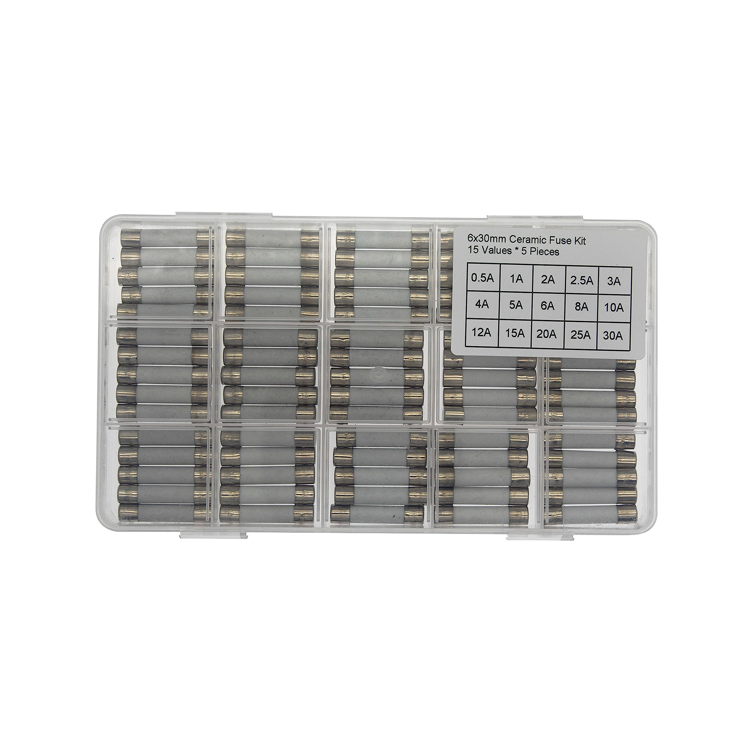 15 Values * 5 Pieces 6x30mm 250V Ceramic Fuse Kit 0.5A 1A 2A 2.5A 3A 4A 5A 6A 8A 10A 12A 15A 20A 25A 30A