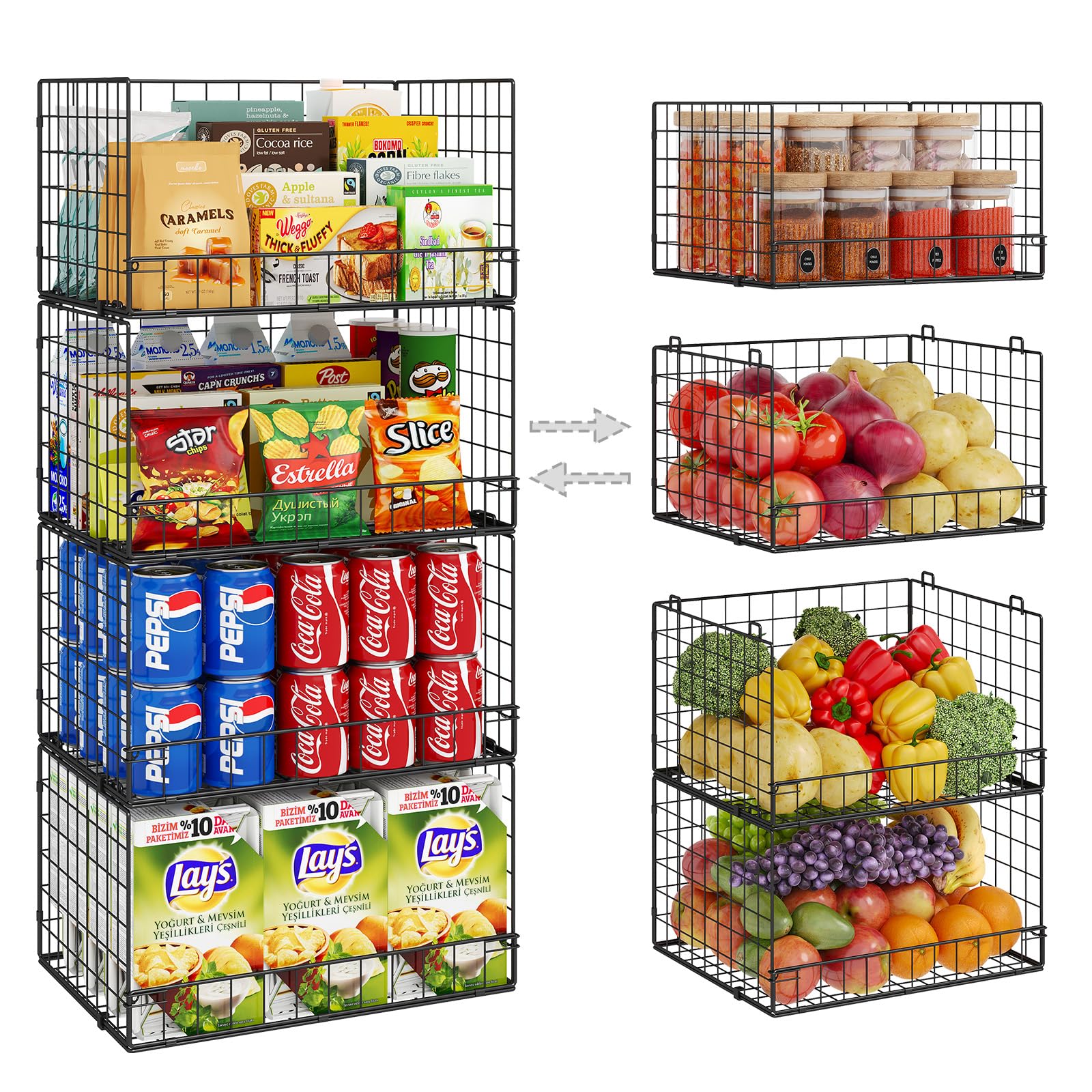 Photo 1 of 4 Pack Stackable Wire Baskets for Pantry Organizers and Storage, Large Pantry Basket for Snack Organizer, Foldable Fruit and Vegetable Storage Bin Store Can Onion Potato for Kitchen Cabinet/Countertop