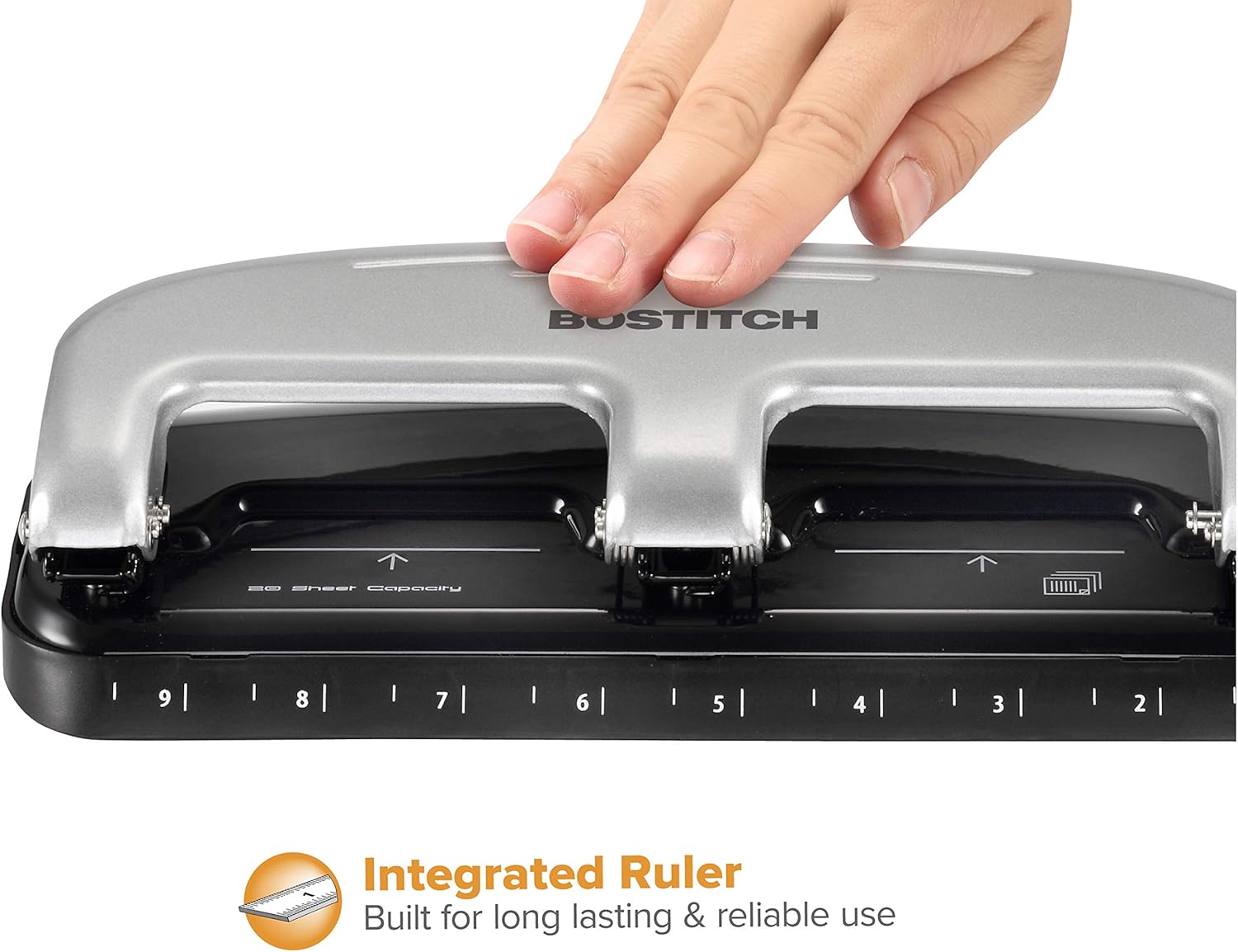 Bostitch inPRESS 20 Reduced Effort Three-Hole Punch, Silver, Black (2220) : Multi Hole Paper Punches : Office Products