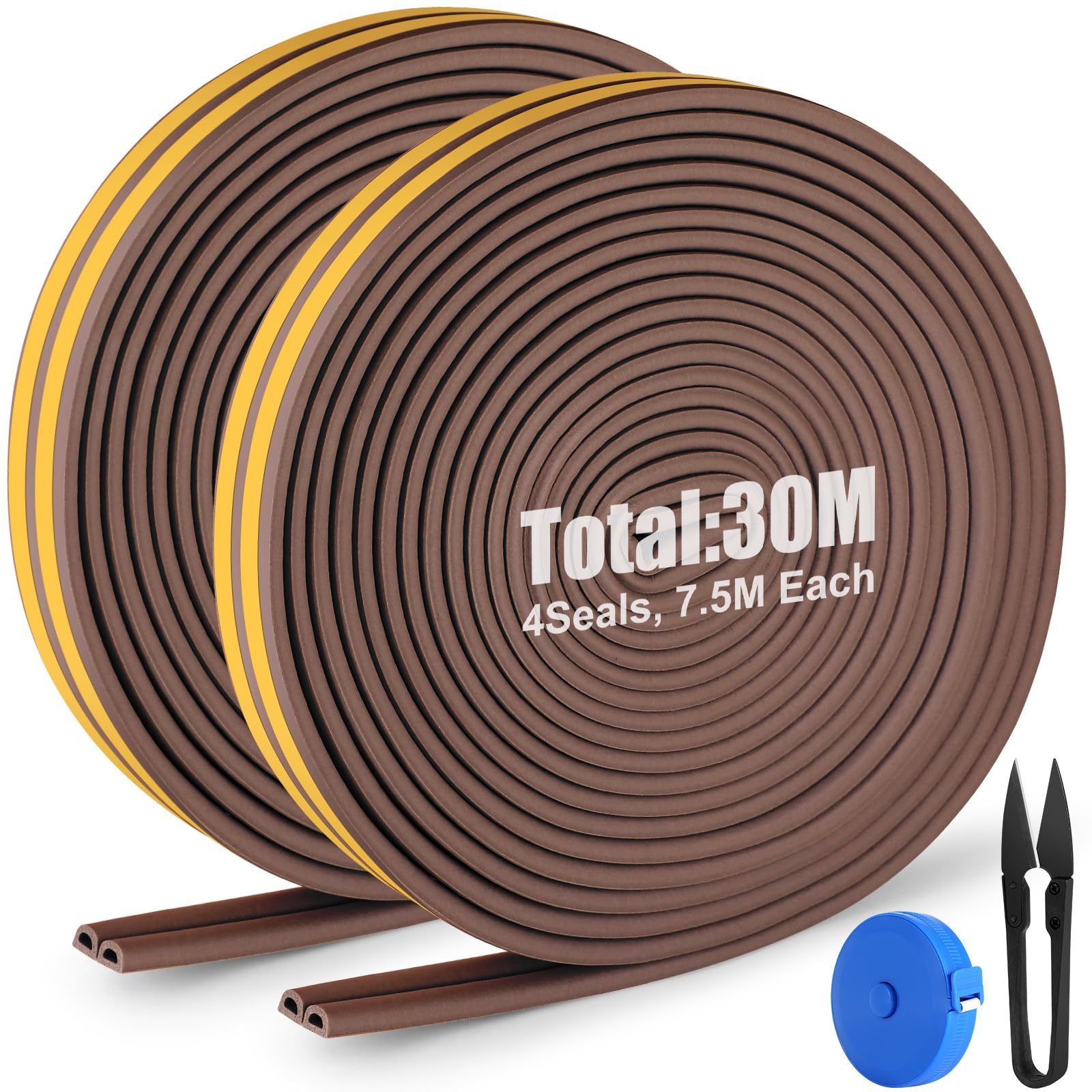 YAOMAISI Seal Weather Strip Foam Tape, Door Seal Window Anti-Collision Weather Strip,1 Scissors and 1 Measuring Tape as a Gift,Used to Block Cracks and Gaps in Doors and Windows (Brown)-30m