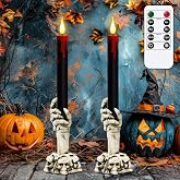Eldnacele Halloween Black Flameless Taper Candles with Remote and Timer | 3D Wick LED Flickering, Blood Dripping Effect Plastic, Skeleton Hand Holders, Halloween Indoor Decor, 3”D x 12”H, 2 Pack