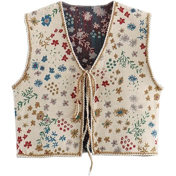 Women Jacquard Vintage Cottagecore Vest V-neck Cardigan Button