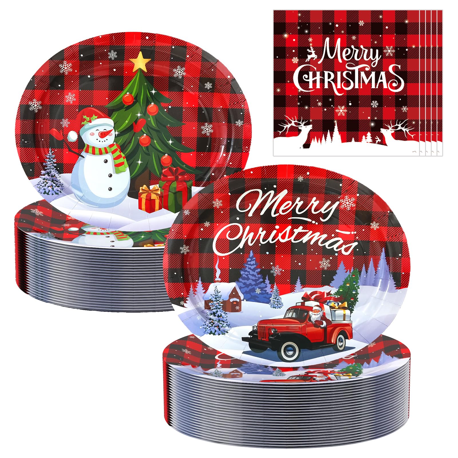 View 1 of 100Pcs Christmas Oval Paper Plates and Napkins -10" x 12" Large Disposable Party Plates, Christmas Party Supplies Dinnerware Set