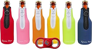 Eximius Power Beer Bottle Party Drink Thermal Coolies | Extra Thick 4mm Neoprene Beer Holder Keeper| Fully Stitched Neoprene Bottom & Zipper | Pack of 6 Assorted Sleeves - Bonus Fidget Bottle Opener