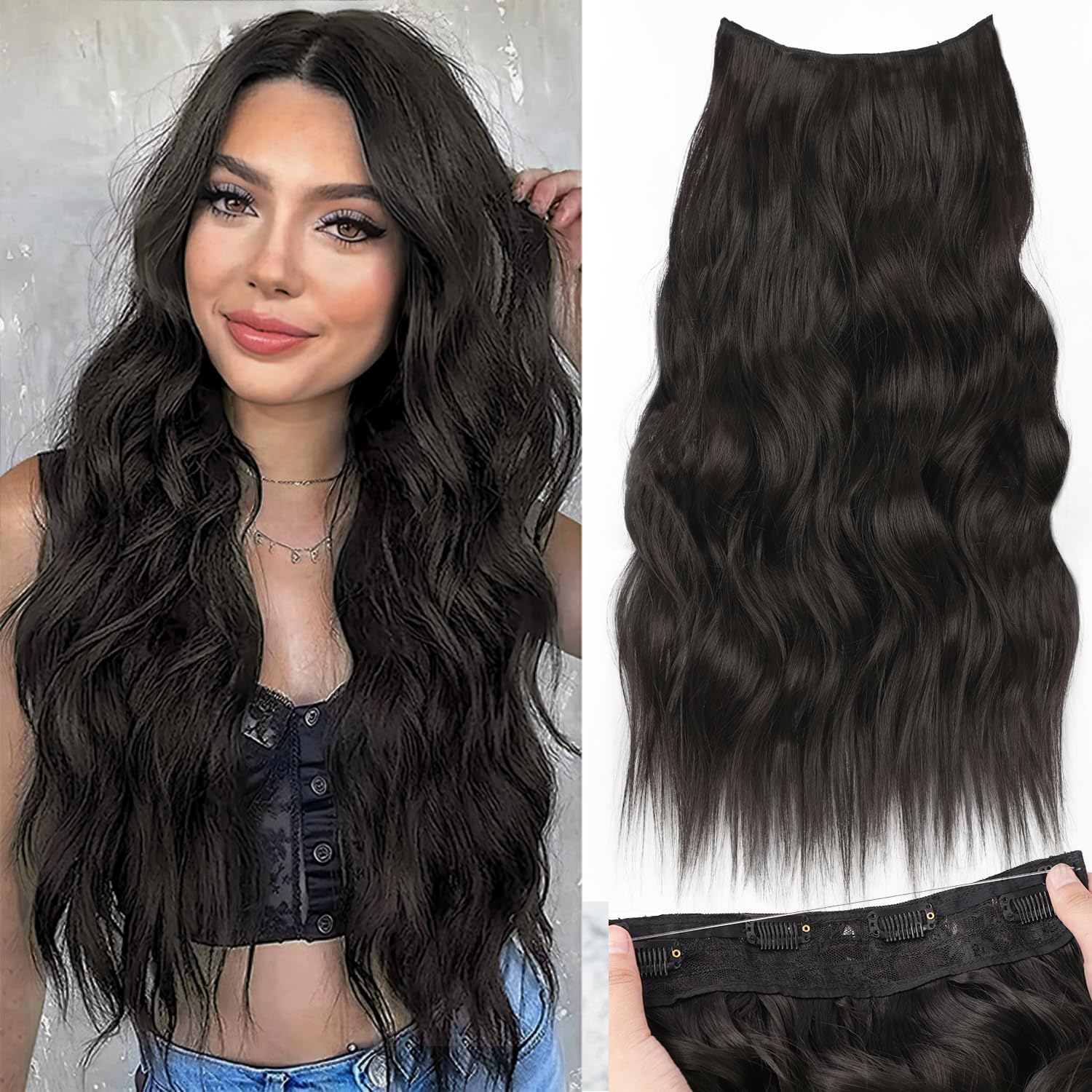 Photo 1 of KooKaStyle Invisible Wire Hair Extensions with Transparent Headband Adjustable Size 4 Secure Clips Long Wavy Secret Wire Hairpiece 20 Inch Natural Black for Women