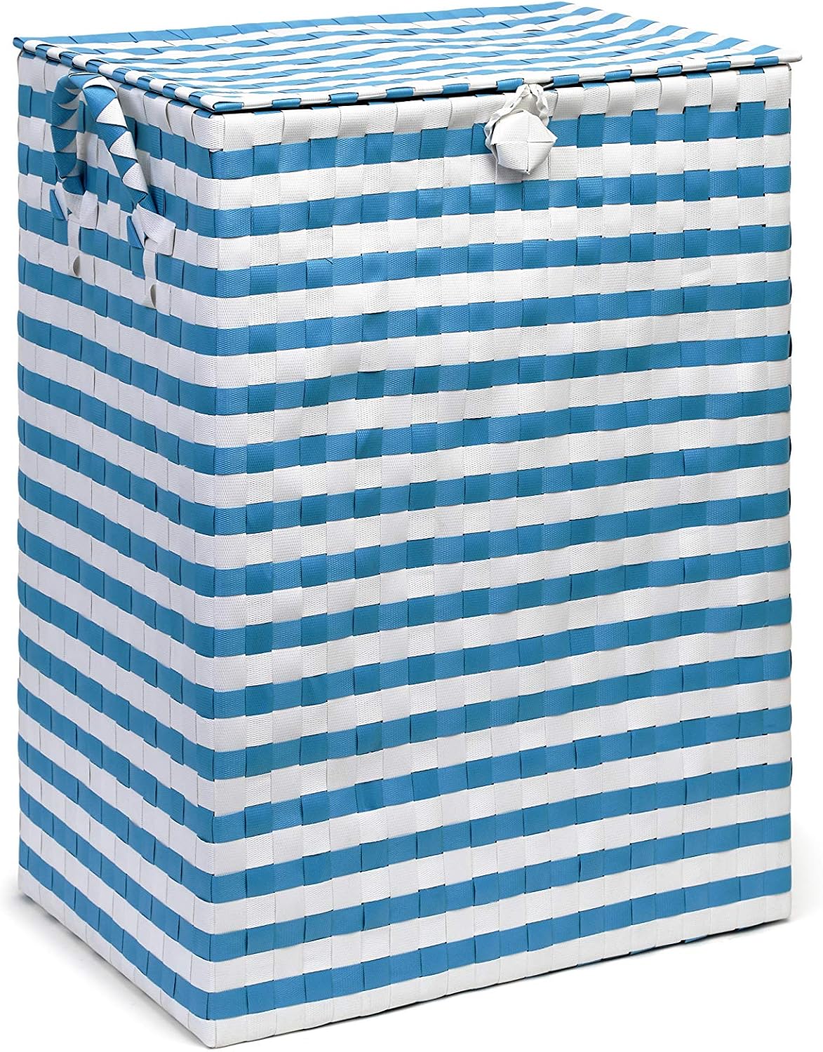 ARPAN Blue & White Laundry Basket with Lid, 44L Washing Basket, Polypropylene Laundry Bin Hamper with Handles