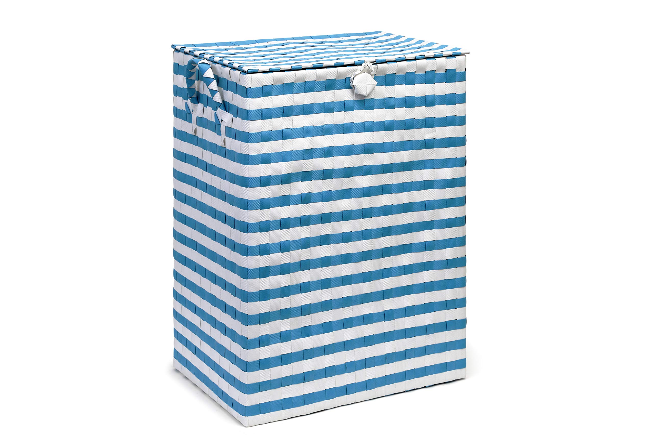 ARPAN Blue & White Laundry Basket with Lid, 44L Washing Basket, Polypropylene Laundry Bin Hamper with Handles, Nautical Design (35 x 25 x 50 cm)