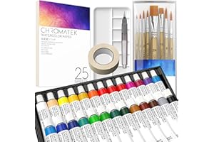 CHROMATEK Watercolor Paint Set - 62 Piece Kit for Adults, Beginner & Professional Artists - 26 Tubes (12ml), 25 Pages Sketch Pad, 8 Painting Brushes, Aquapen, Palette, Masking Tape - Art Supplies