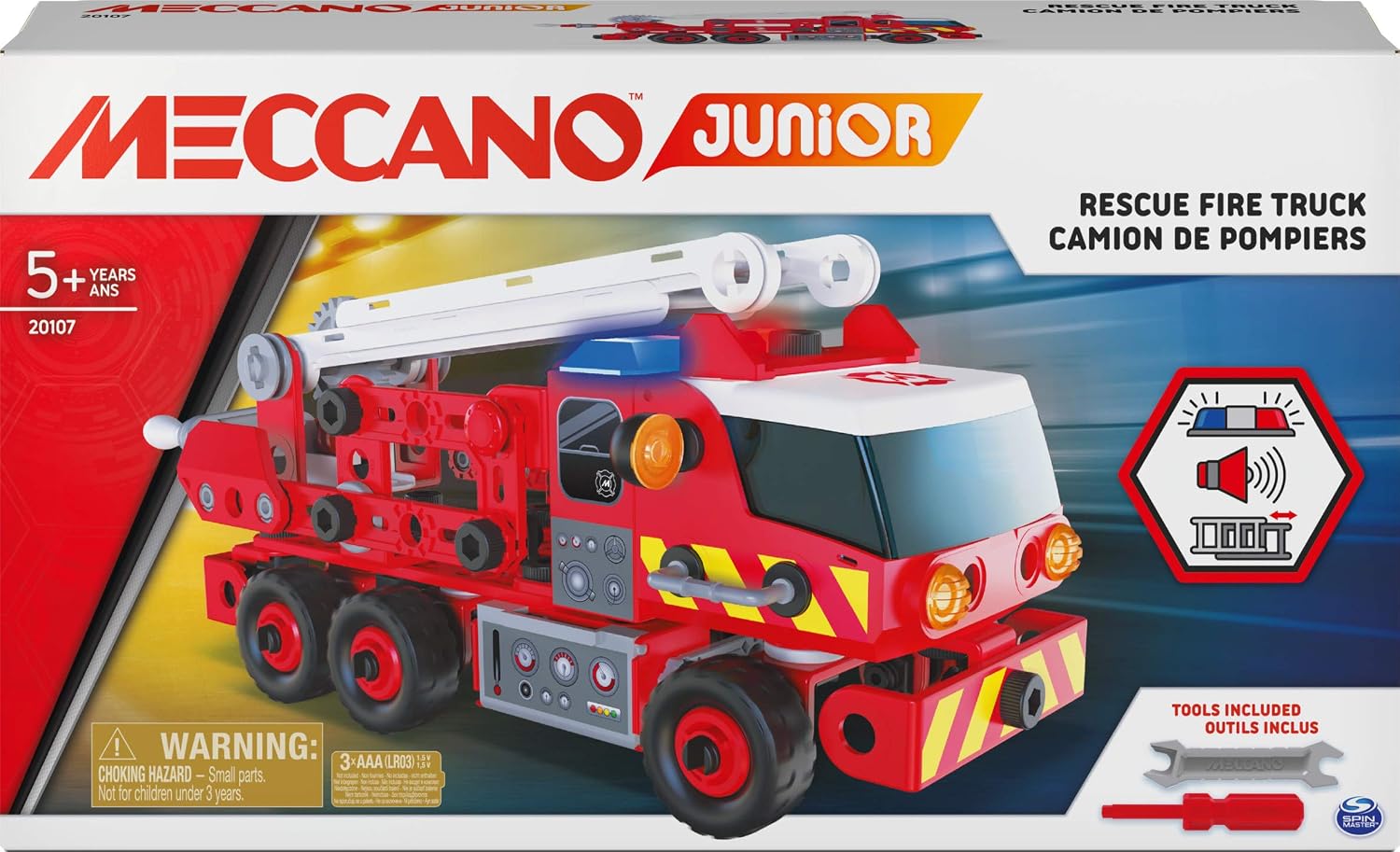 MECCANO Junior, Rescue Fire Truck with Lights and Sounds STEAM Building Kit, for Kids Aged 5 and Up, Grey, Medium