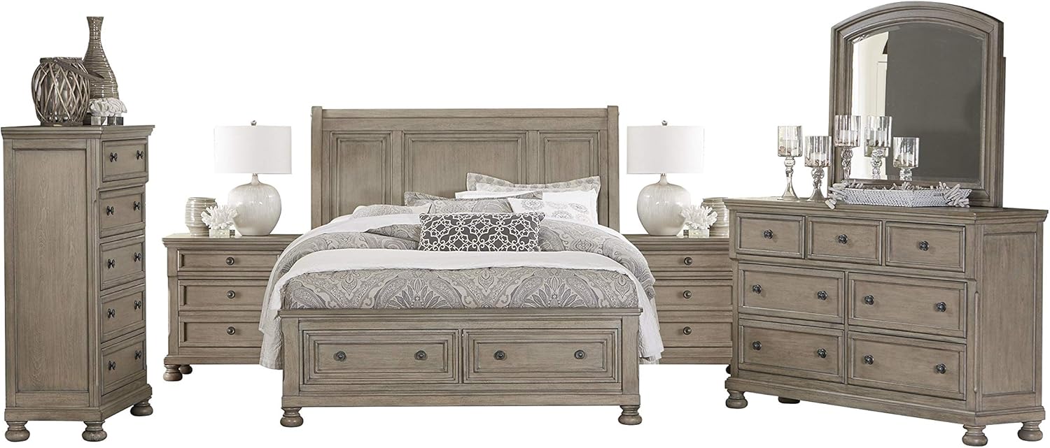 Amazon Com Bradway Rustic 6pc Bedroom Set Cal King Sleigh Storage Bed Dresser Mirror 2 Nightstand Chest In Weather Wood Furniture Decor